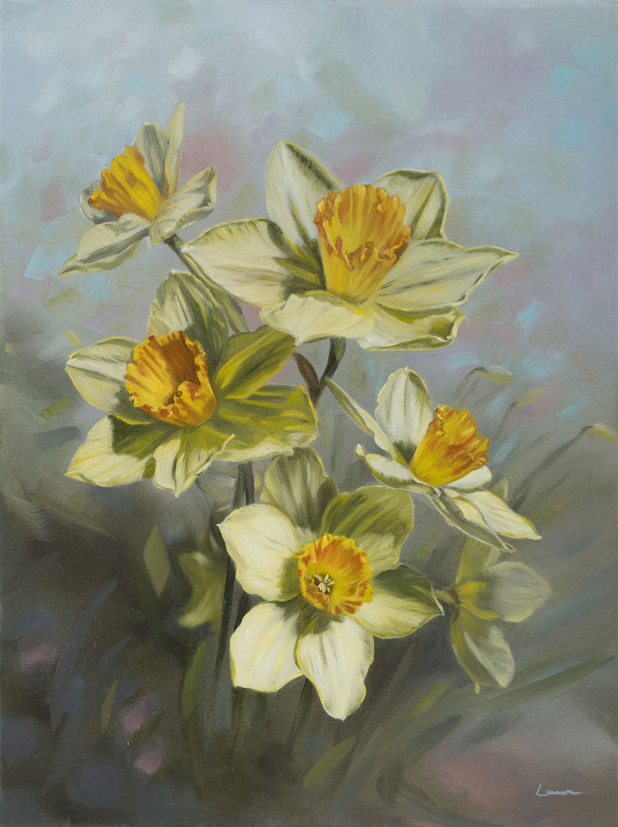 Daffodils in a striped vase, an original oil painting