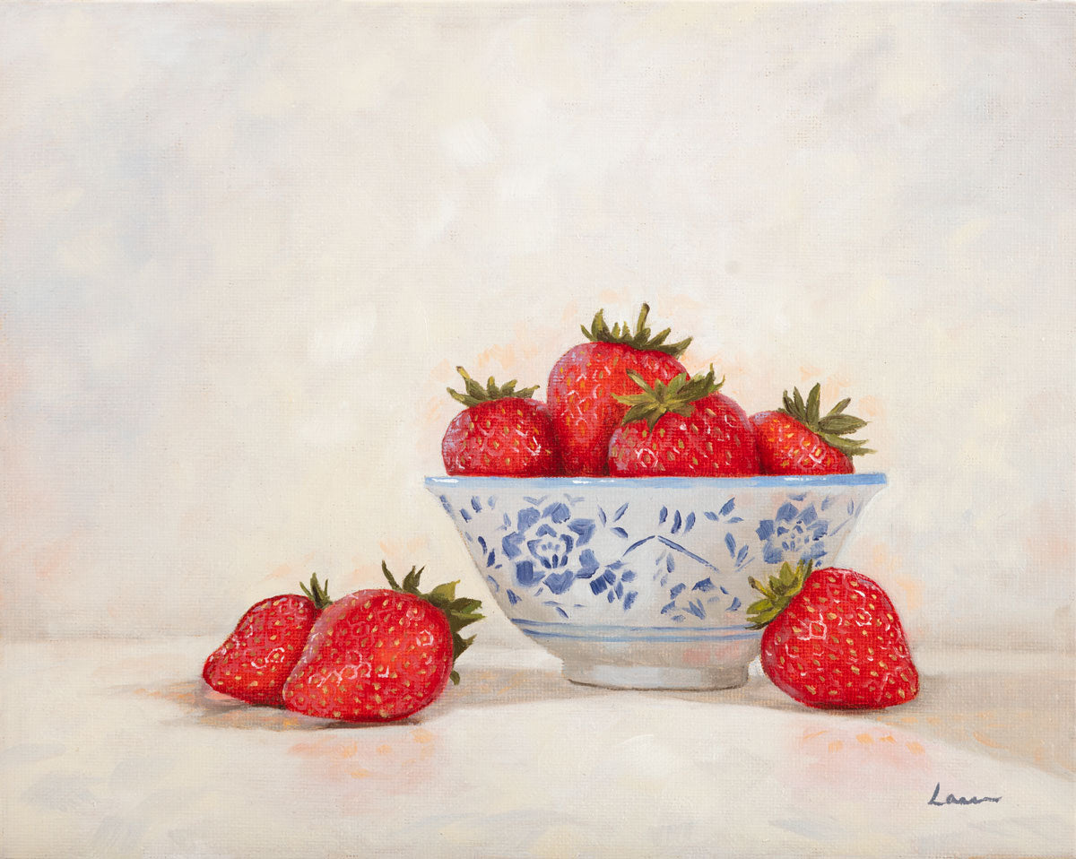 Strawberries in a blue patterned bowl, an original oil painting